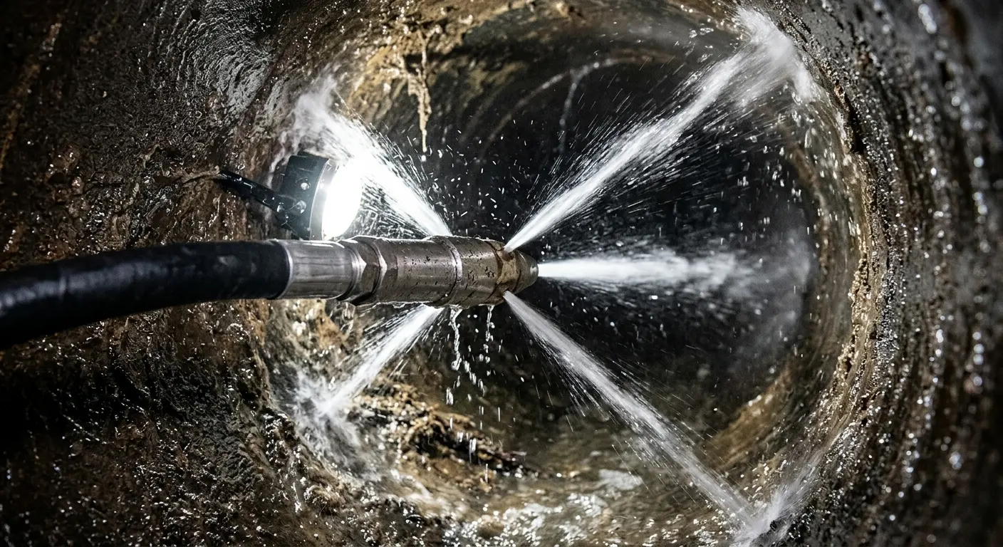 High-pressure hydro jetting nozzle cleaning sewer pipe for Trenchless Sewer Repair in Cohoes