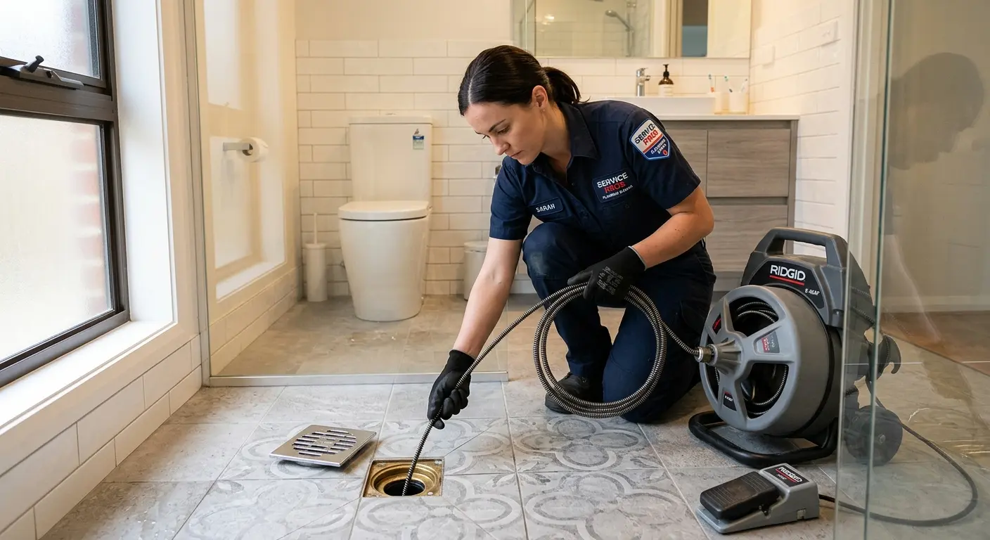 Technician clearing a bathroom floor drain for Sewer Line Installation in Cohoes